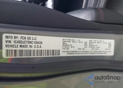 2022 Dodge Durango R/T Awd из США, поврежденный, VIN 1C4SDJCT0NC108438